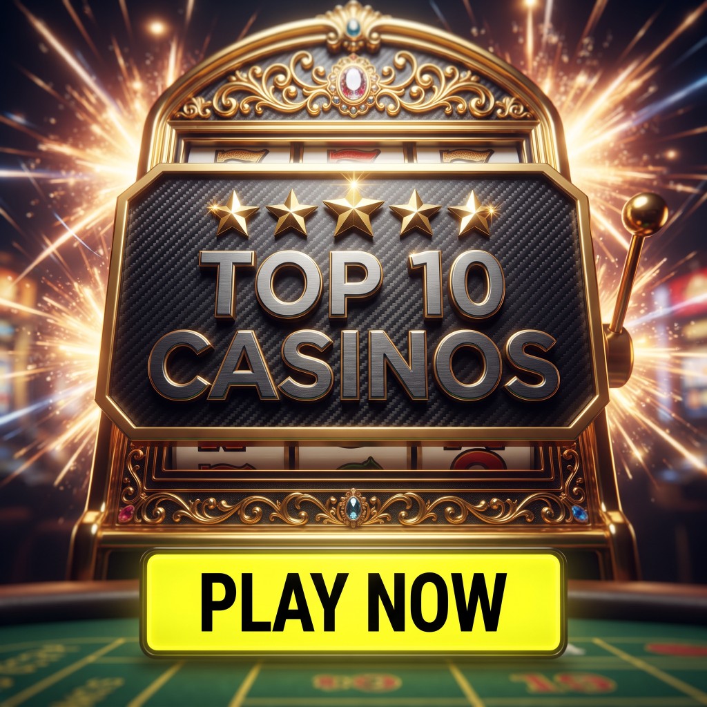 Ornate golden slot machine reading Top 10 Casinos with five stars, sparks and a yellow Play Now button